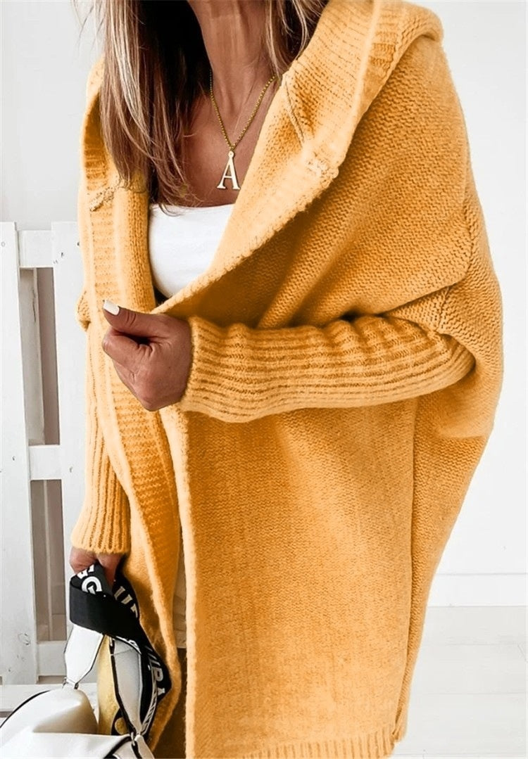 Ins Knitted Hooded Cardigan Fashion Loose Solid Color Batwing Sleeve Sweater Autumn And Winter Women's Clothing