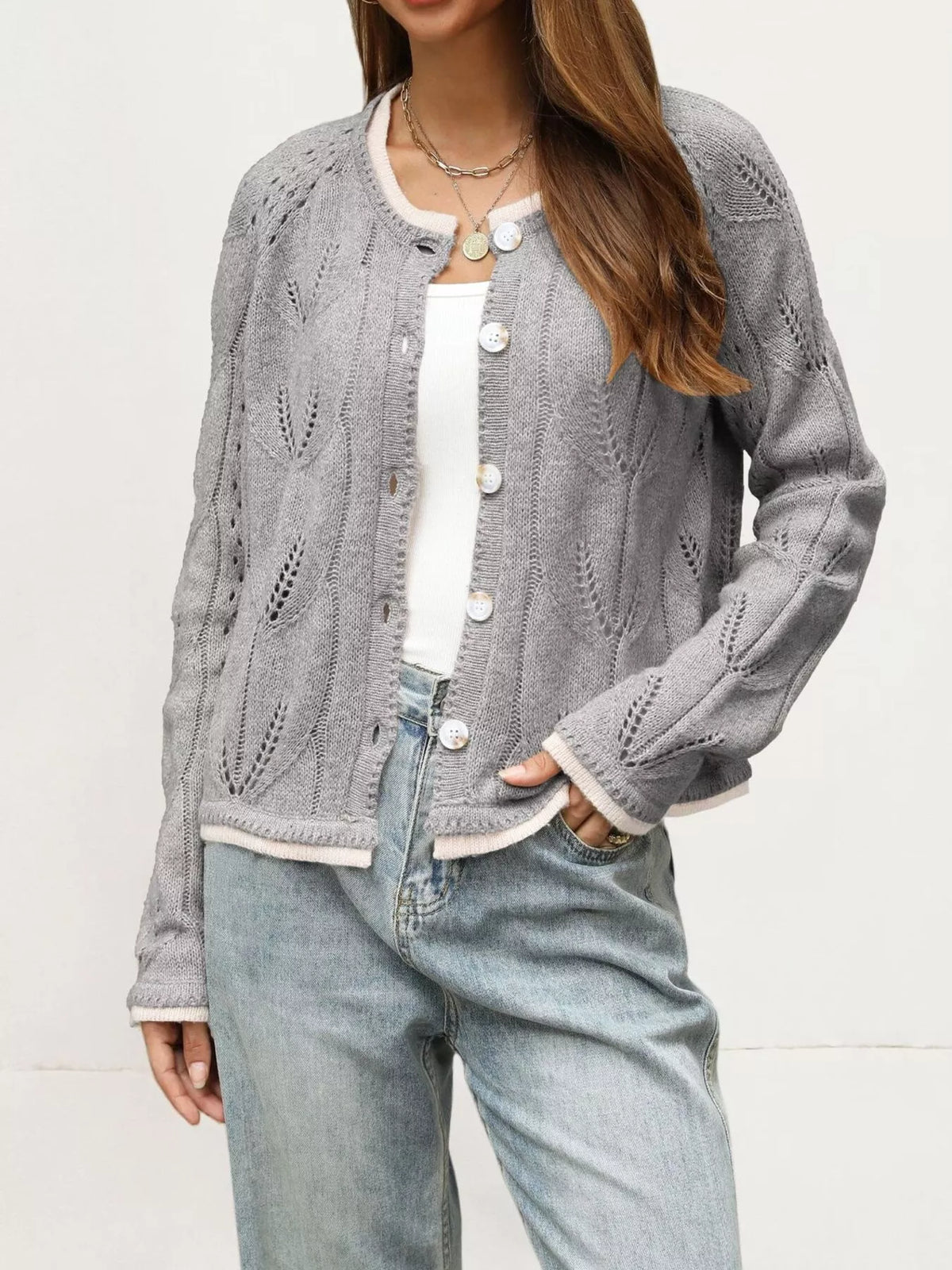 Hollow-Out Knit Button-Down Cardigan
