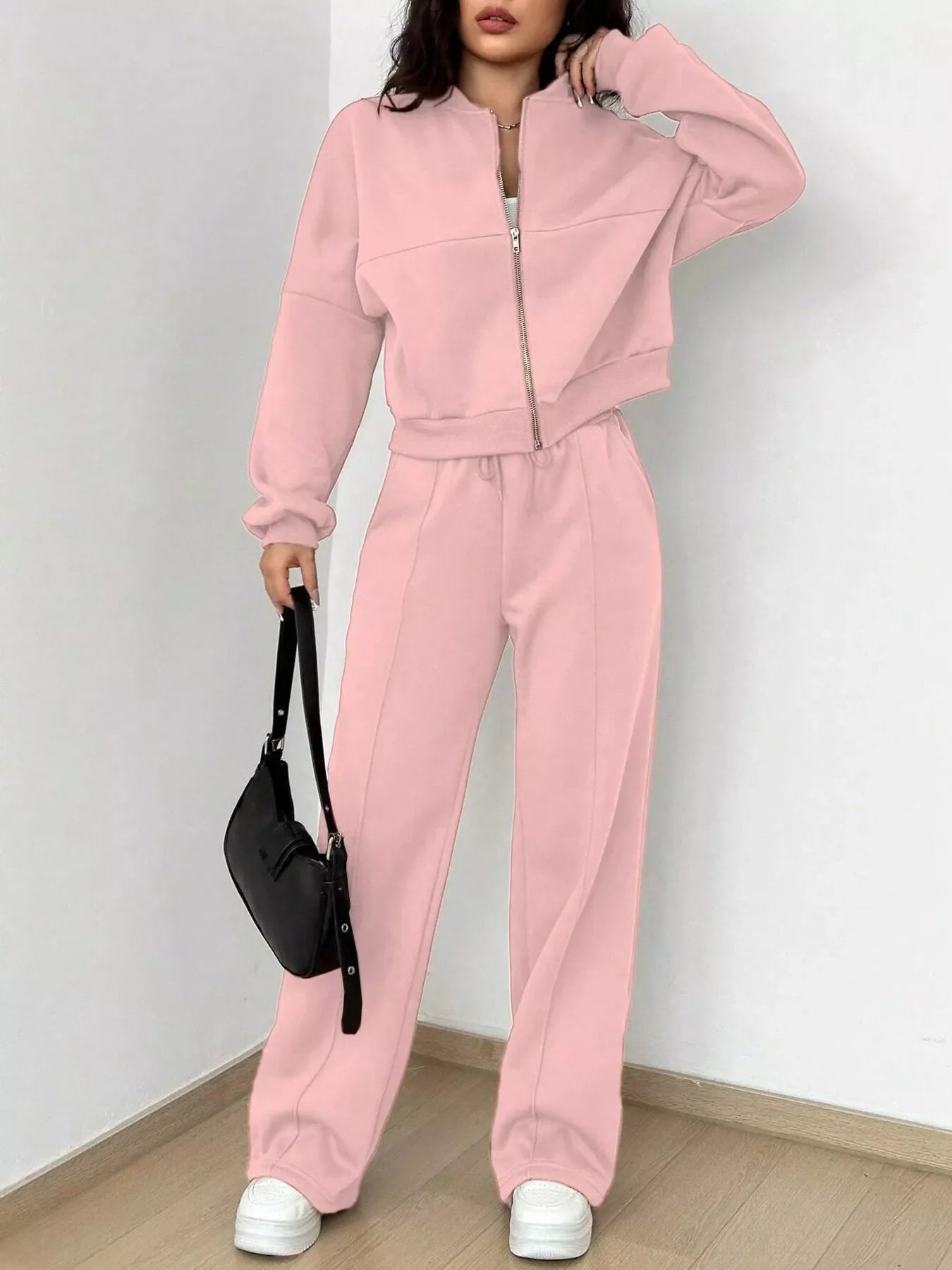 Conjunto de chaqueta con cremallera de color liso informal y pantalones de pernera ancha