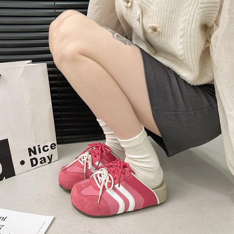 Women Retro Backless Mule Sneakers Color Block Suede Upper Striped Side Detail Twisted Lace Round Toe Slip On Flat Rubber Sole Casual Street Daily Slide On Trainers