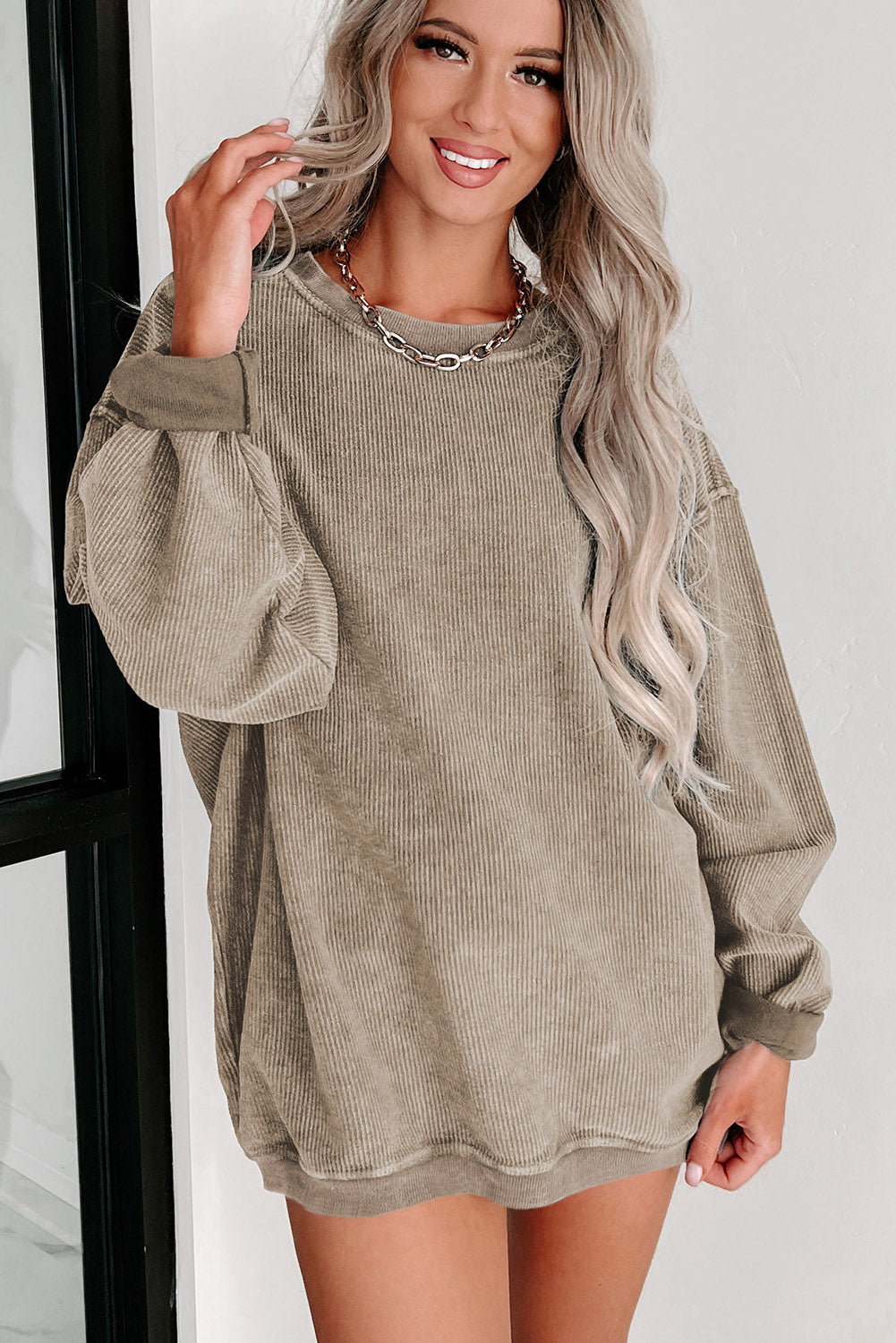 Sudadera Rosa Sólida de Punto Acanalado y Cuello Redondo