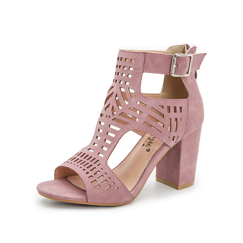 Women's Hollow Peep Toe Block Heel Sandals