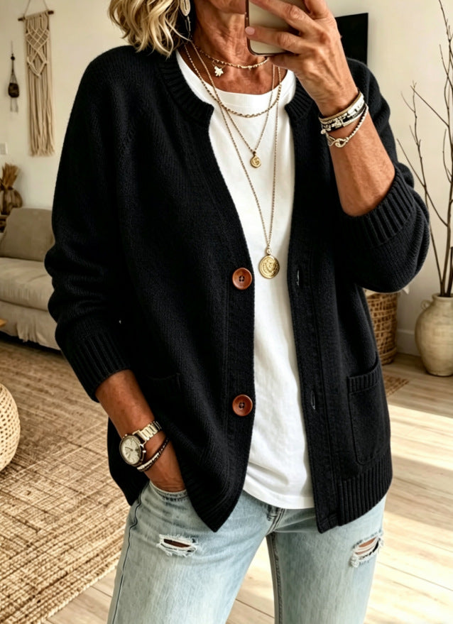 European And American-style Knitted Cardigan Sweater With A Stand-up Collar