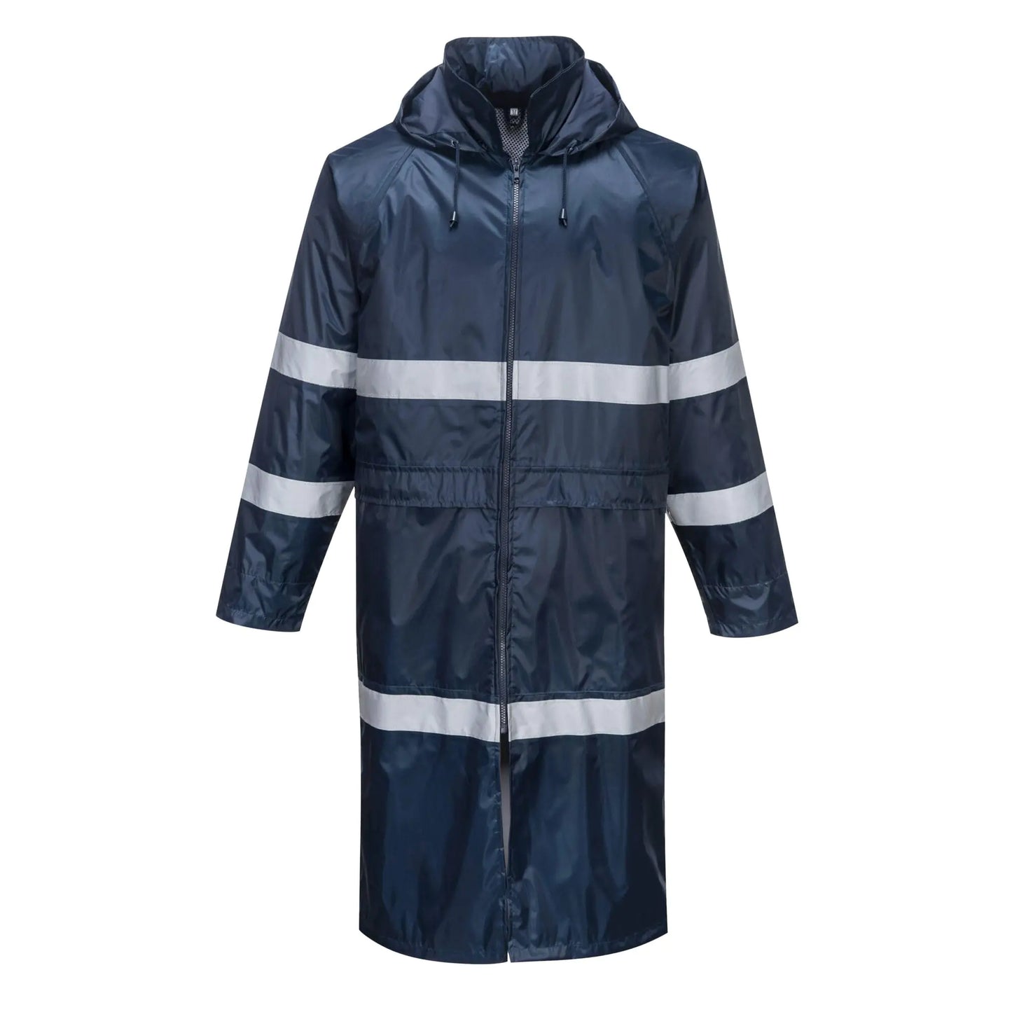 Portwest F438 Mens Waterproof Raincoat - Reflective Long Rain Jacket with Hood and Pockets Navy Large