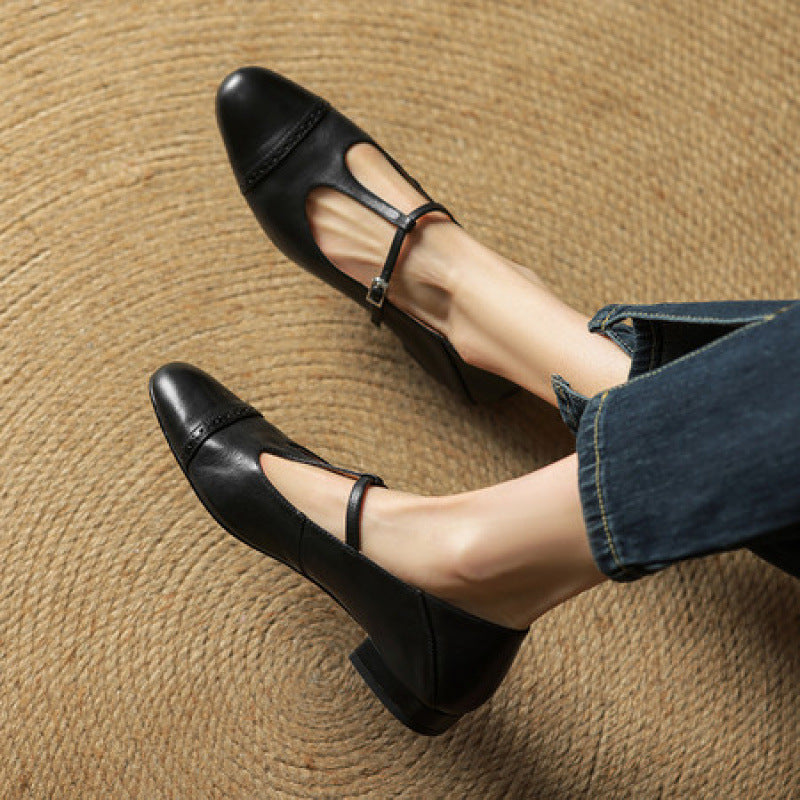 Women's T-shaped Buckle Cowhide Flats