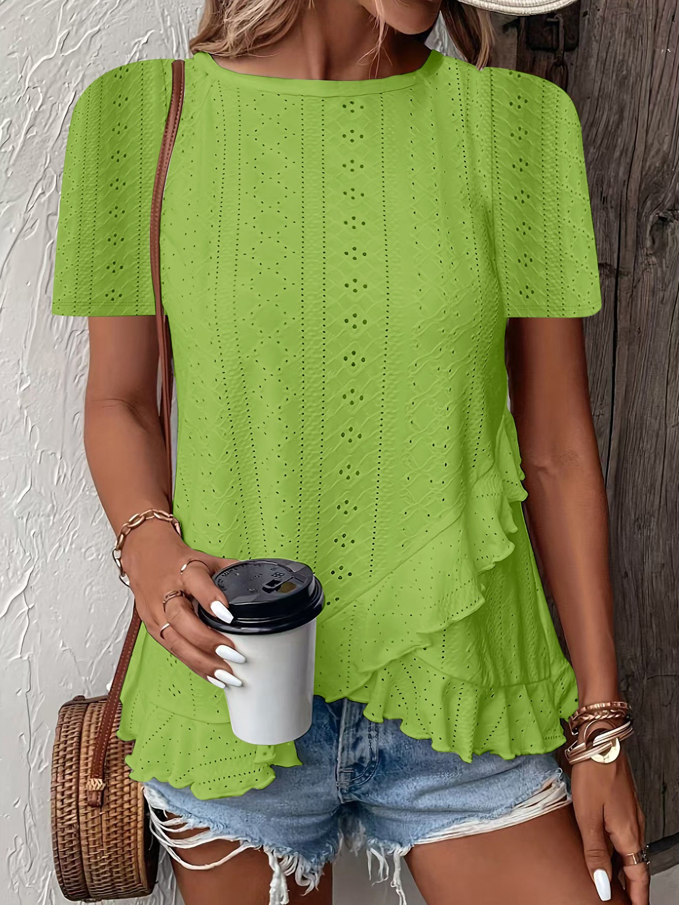 Camiseta de mujer casual de manga corta y cuello redondo de color liso