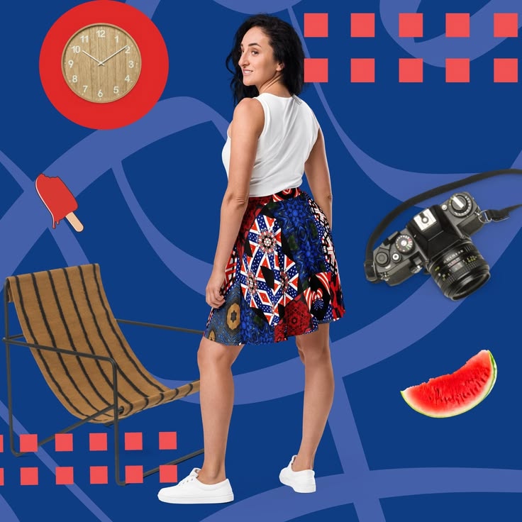 Women's USA Red White and Blue Block Pattern Skater Skirt