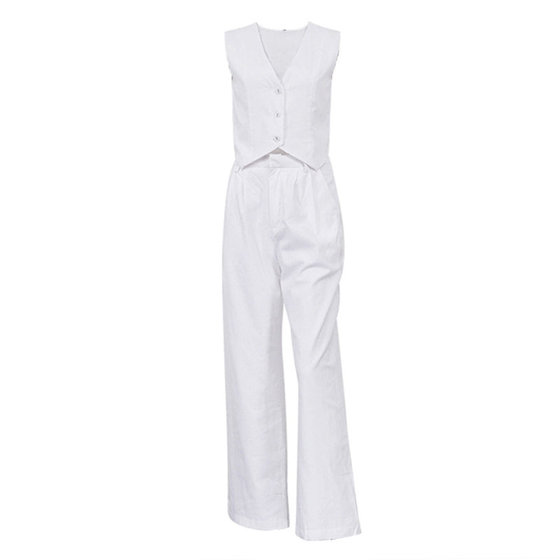 Conjunto de chaleco con botones y cuello en V y pantalón de talle alto para mujer