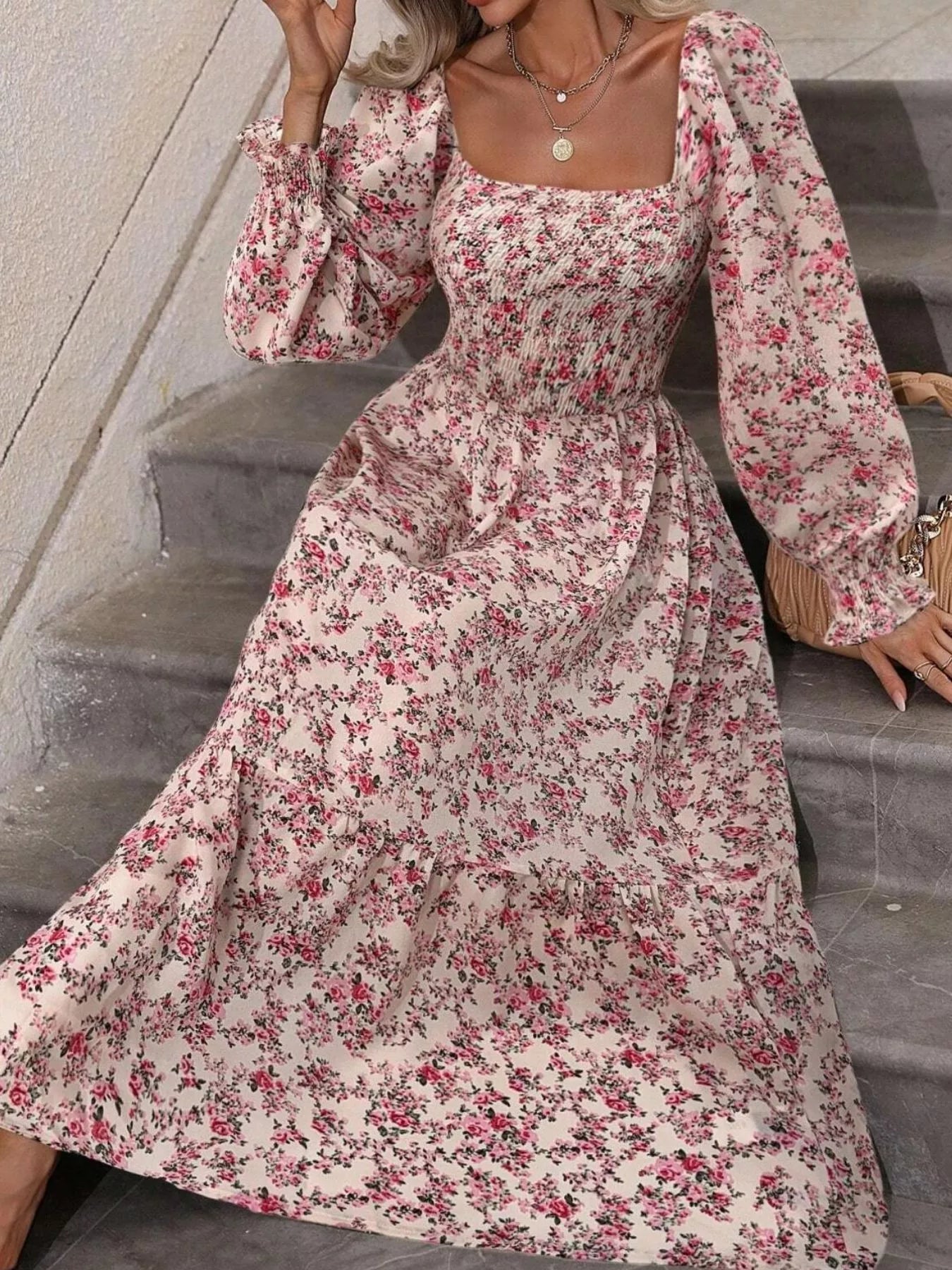 Floral Print Square Neck Smocked Midi Dress