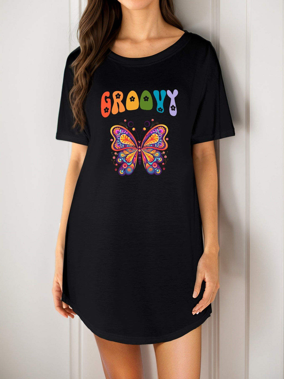 Groovy Butterfly Casual Summer T-Shirt Nightgown for Women (Front Printing)