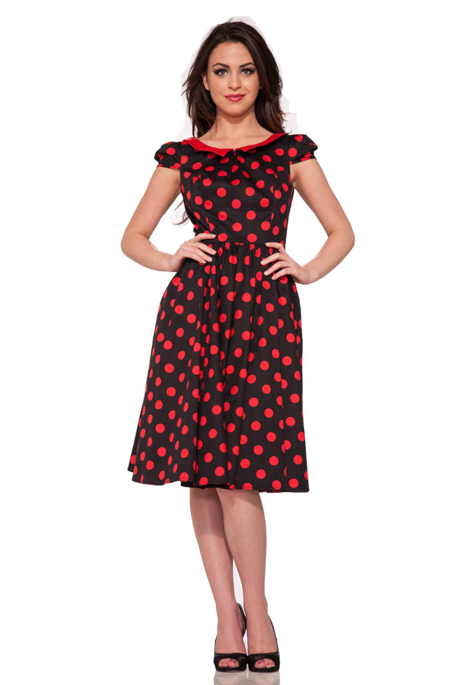 9060 Vestido con vuelo de lunares rojos y negros