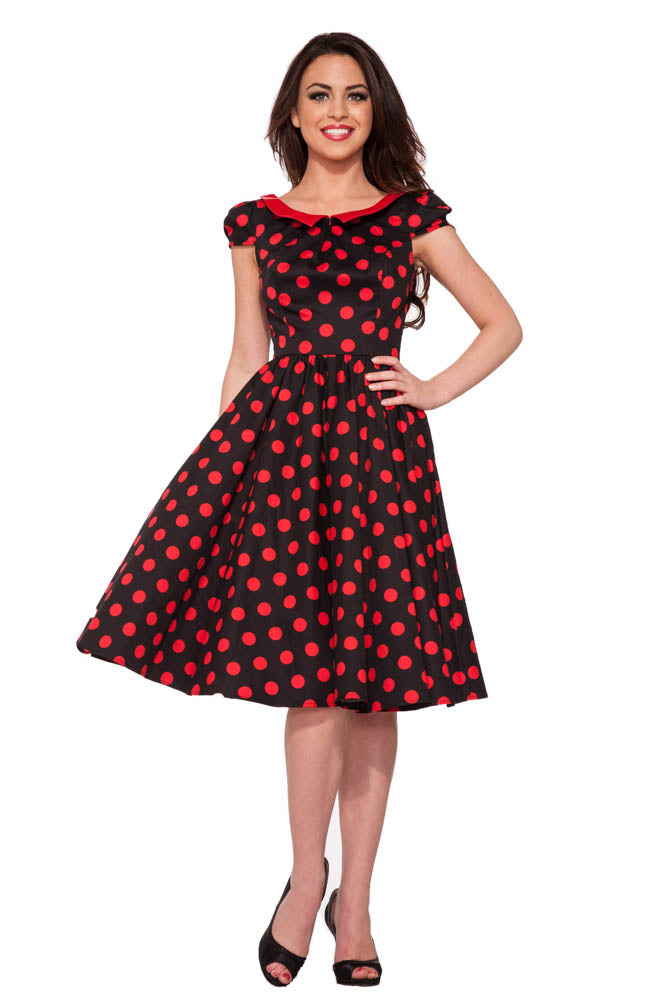9060 Vestido con vuelo de lunares rojos y negros