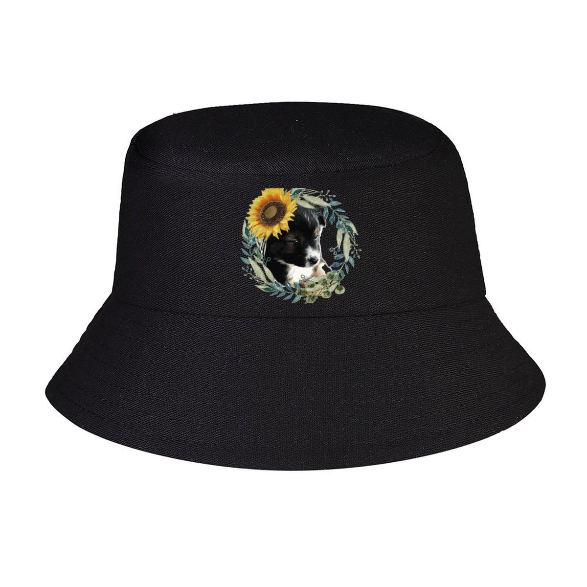 Black Bucket Hat with Cute Puppy for Women & Men (Front Printing)