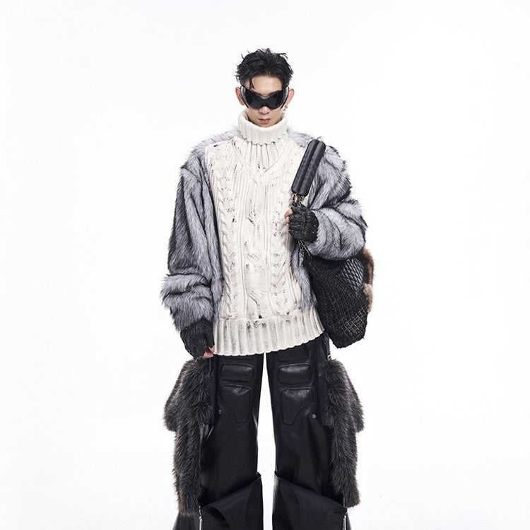 Brushed Lining Thick Fur Patchwork Turtleneck Sweater For Men