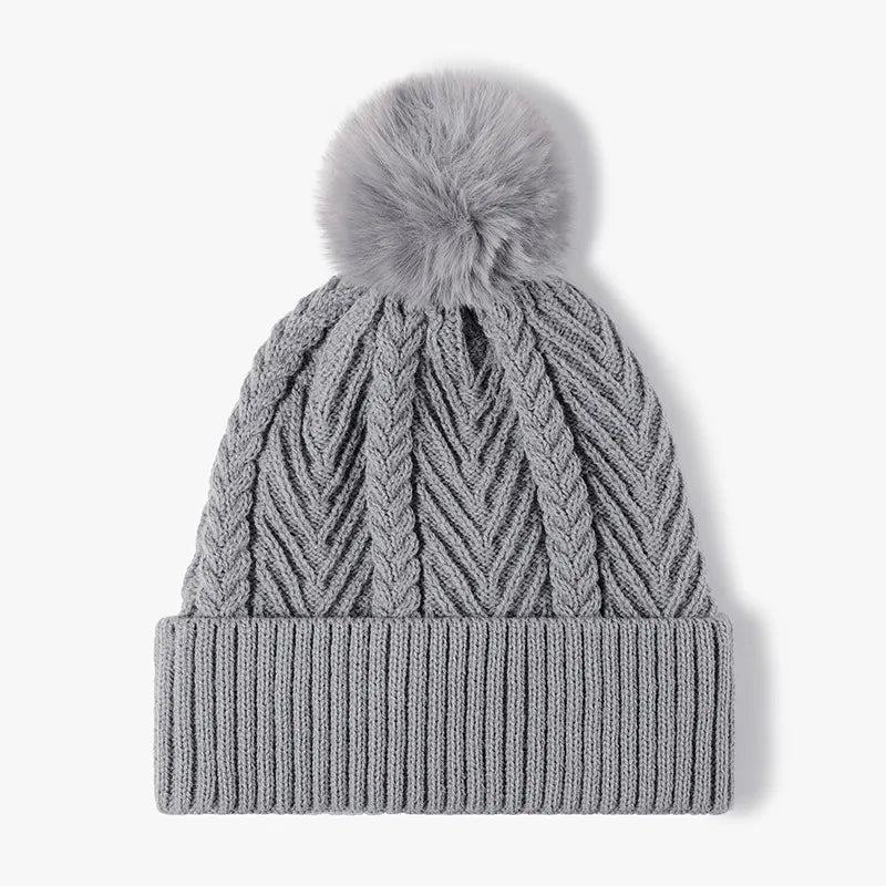 Cable Knit Solid Color Hat with Pompom