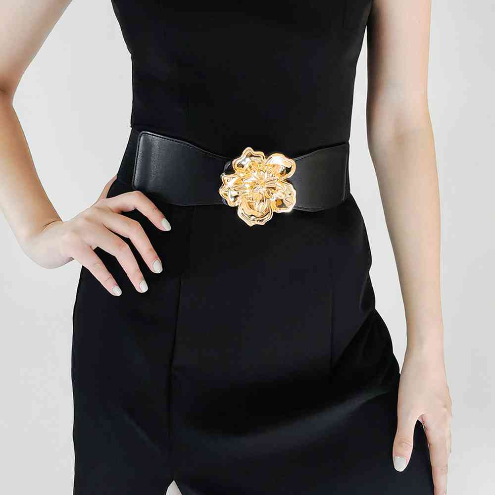 Flower Elegance Alloy Buckle Elastic Belt – Stylish Floral Design See size chart under “more details”