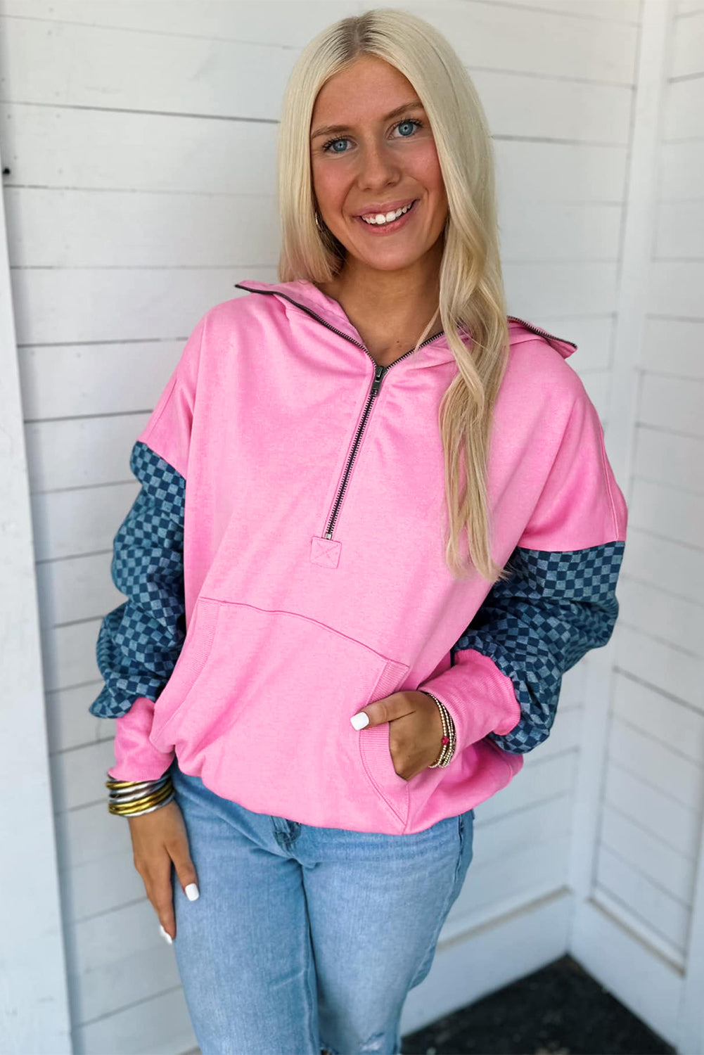 Sudadera con capucha con media cremallera y bolsillo canguro, con diseño a cuadros y retazos, Bonbon