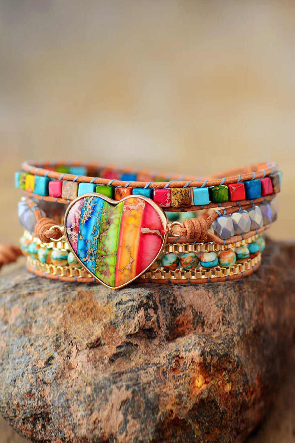 Pulsera de varias capas de jaspe imperial y cristal