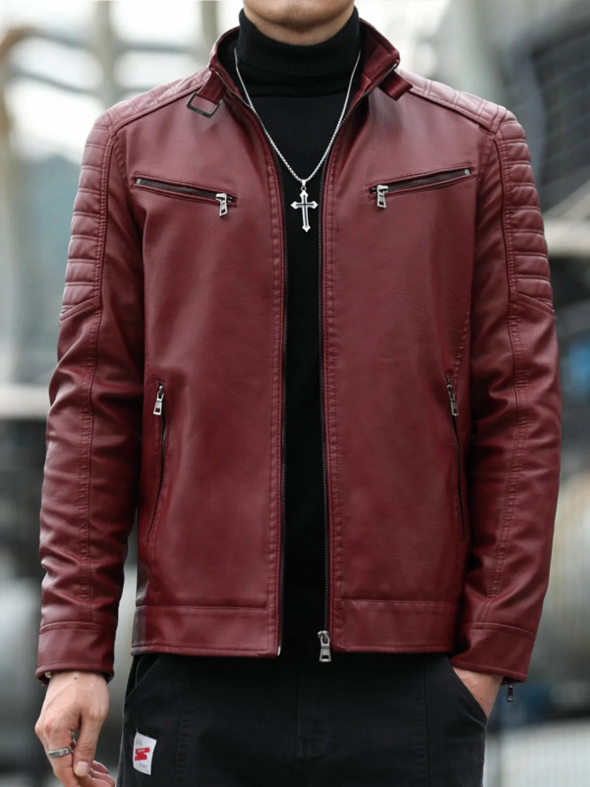 Men's Plus Size Slim Fit Faux Leather Motorcycle Jacket