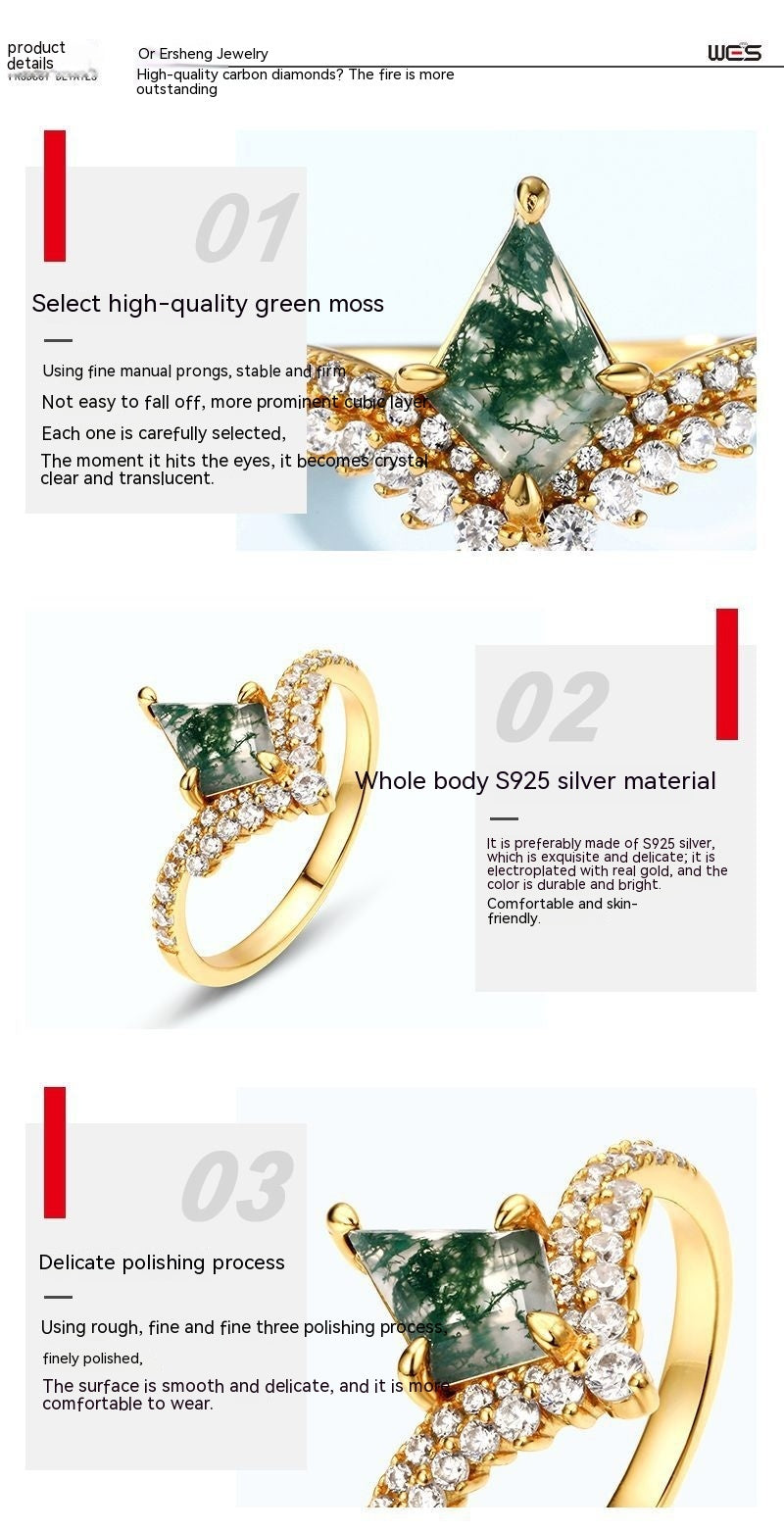 S925 Silver Green Moss Agate Ring