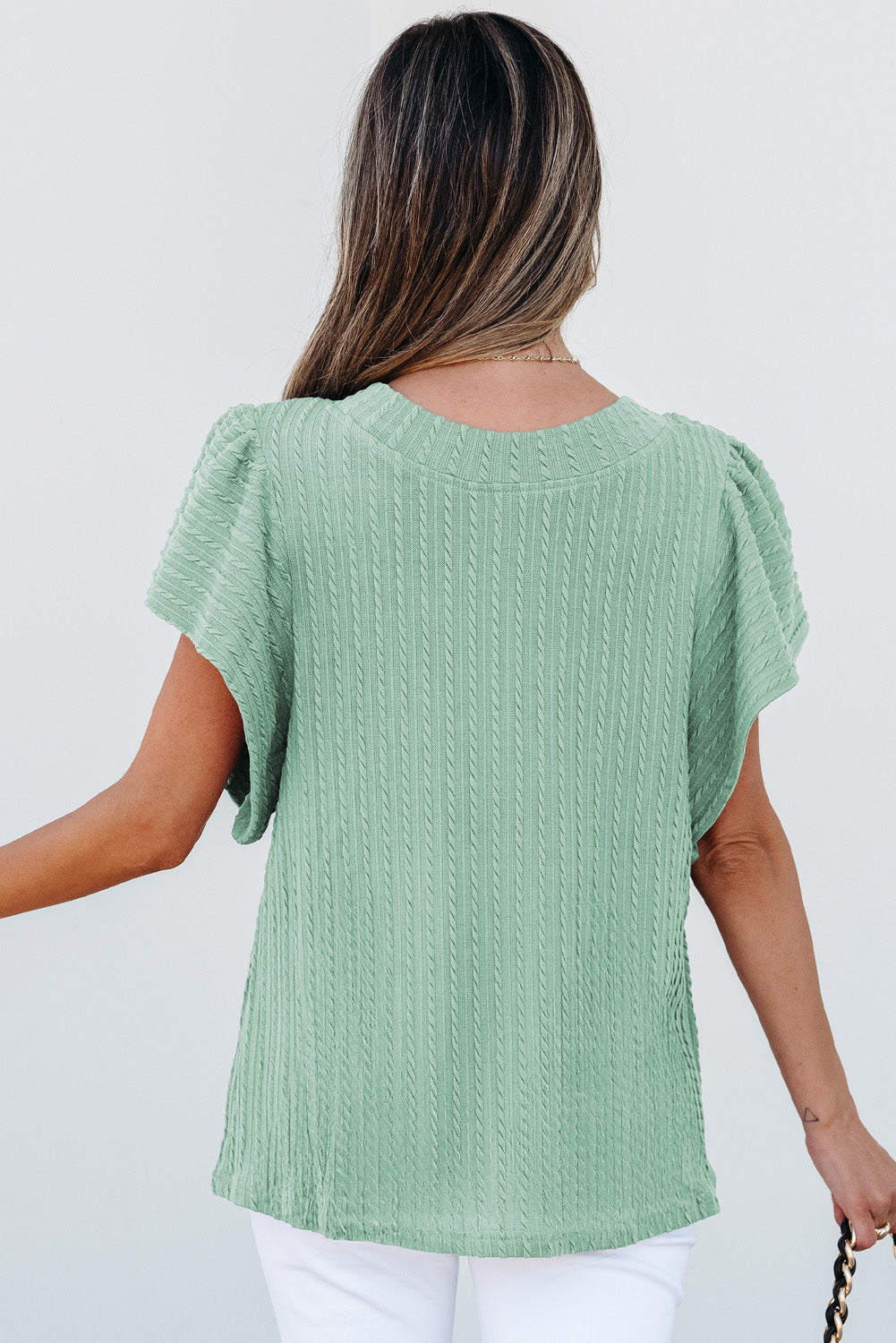 Top Moonlight Jade liso texturizado con manga con volantes