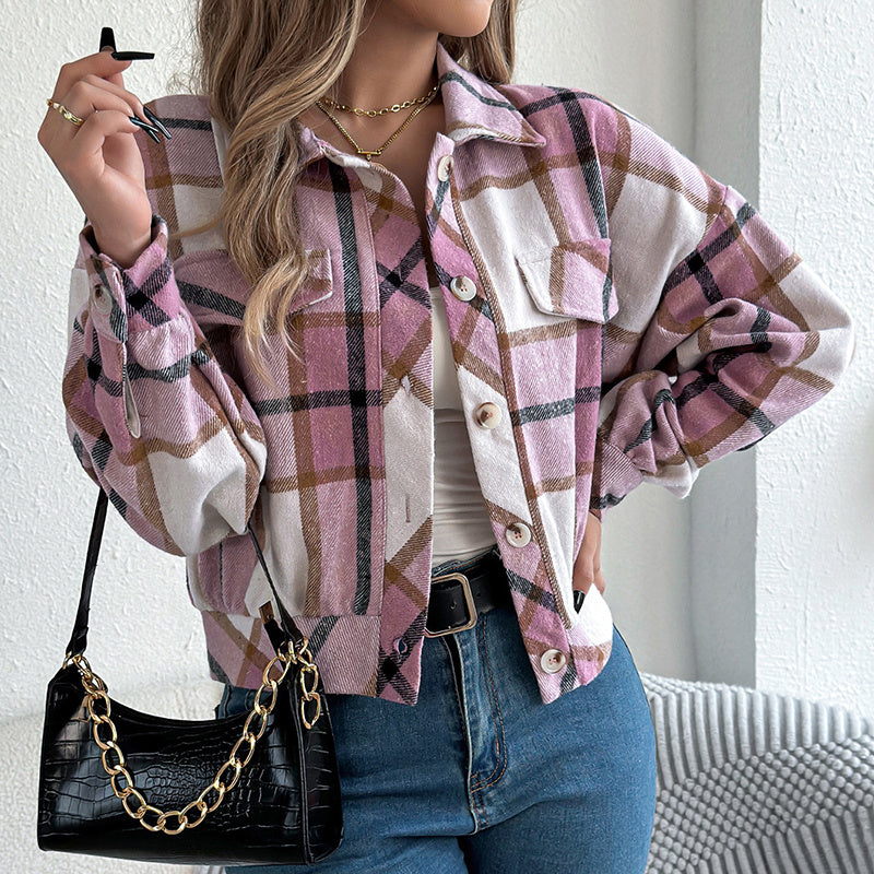 Shacket a cuadros – Chaqueta de camisa de manga larga con botones para mujer