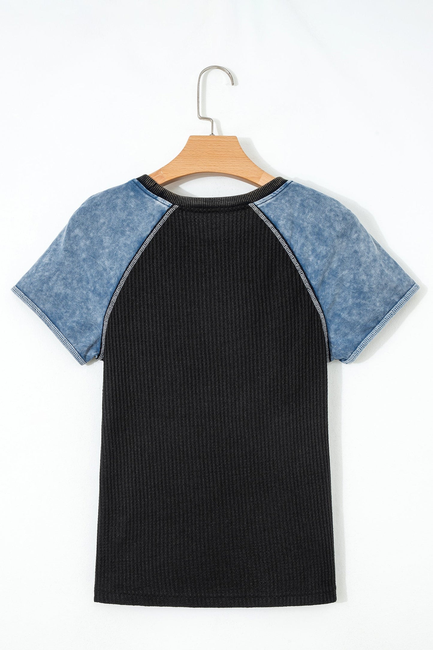 Carbon Grey Waffle Knit Seam Detail Color Block Patchwork Short Sleeve Top