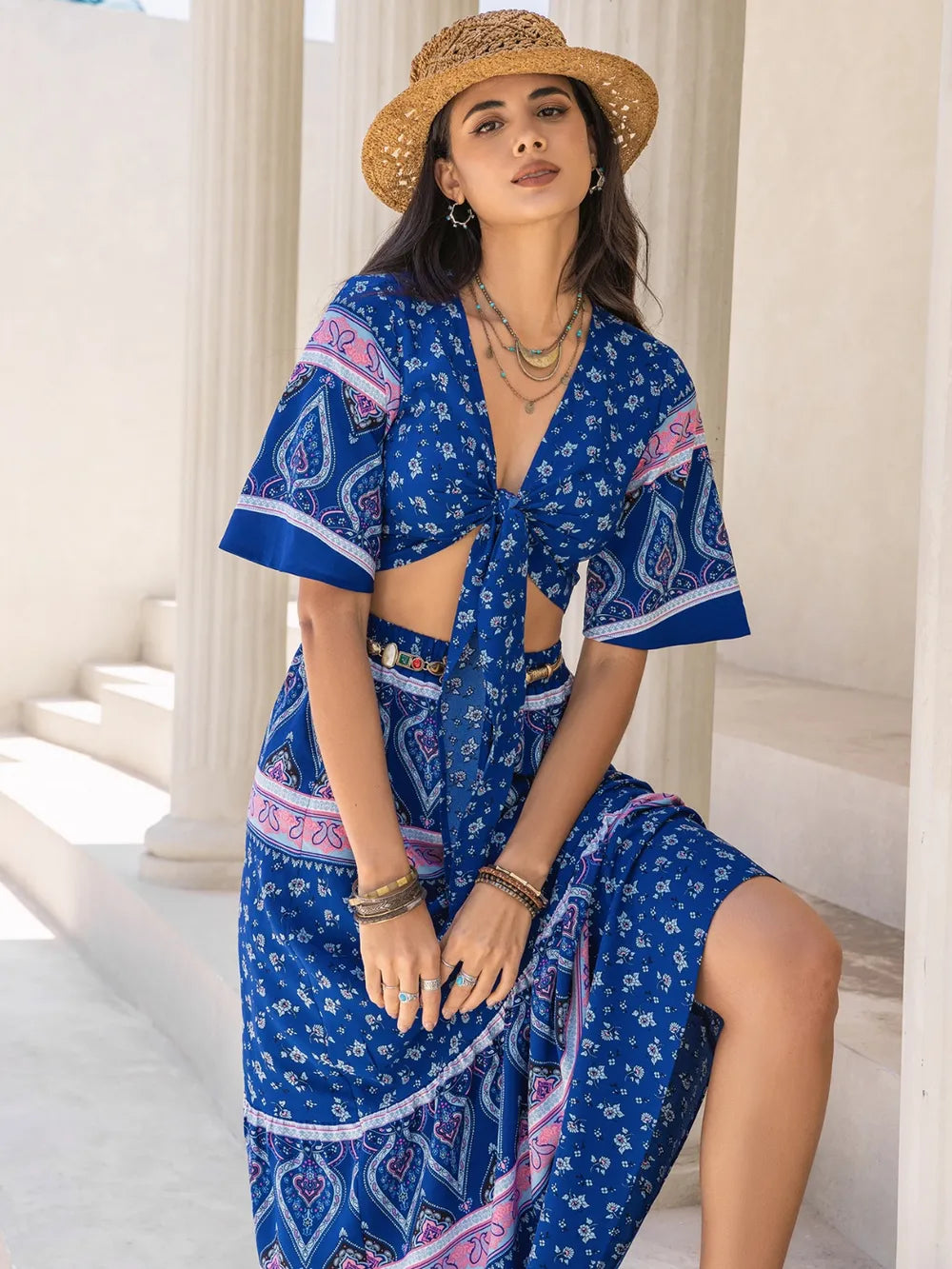 Printed Flutter Sleeve Top and Skirt Set See size chart under “more details”