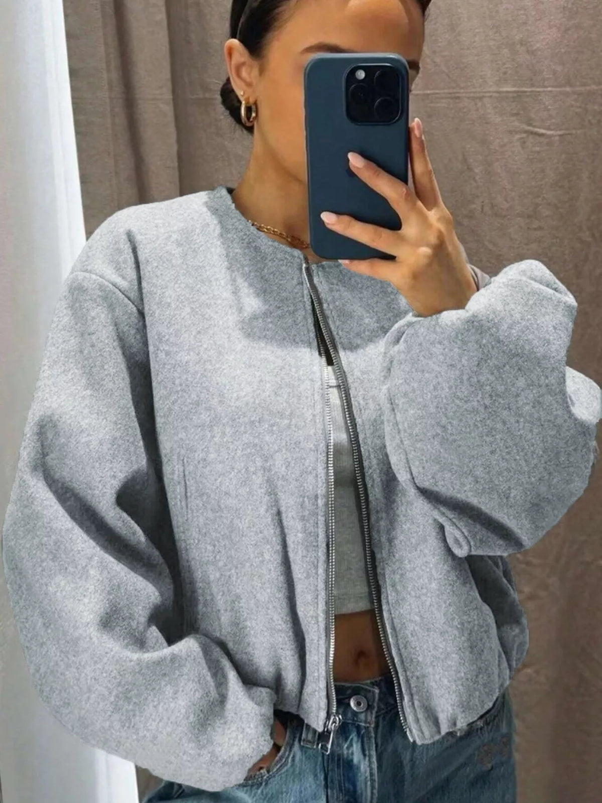 Plus Size Casual Fleece Zip-Up Bomber Jacket
