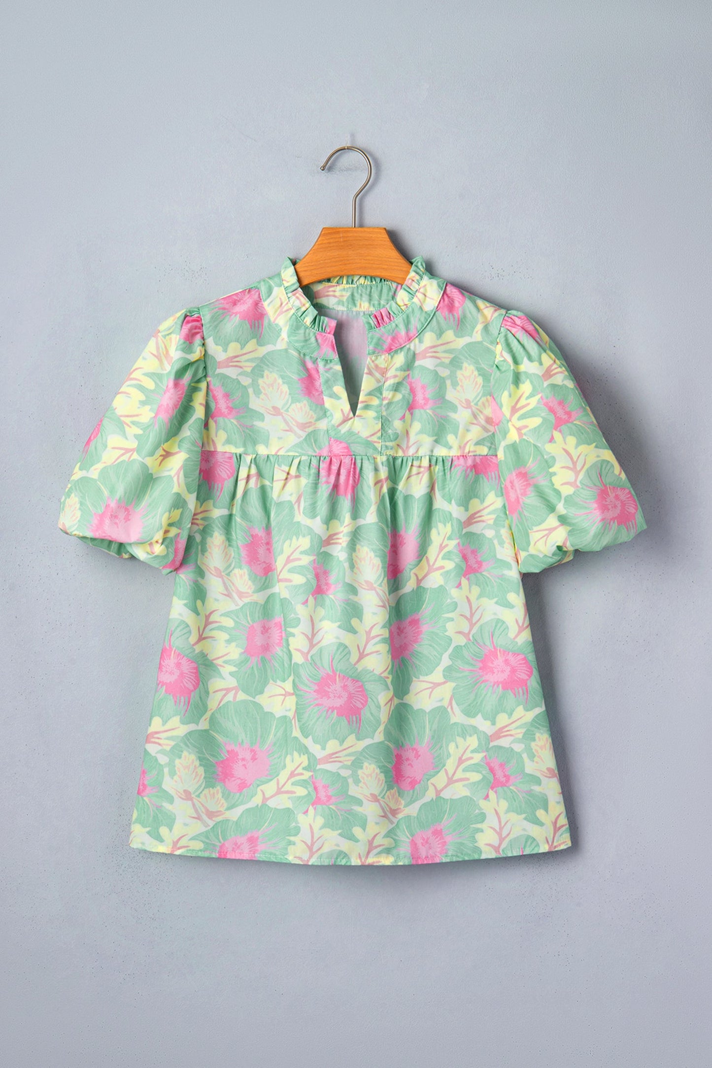 Yellow Short Bubble Sleeve Summer Floral Blouse