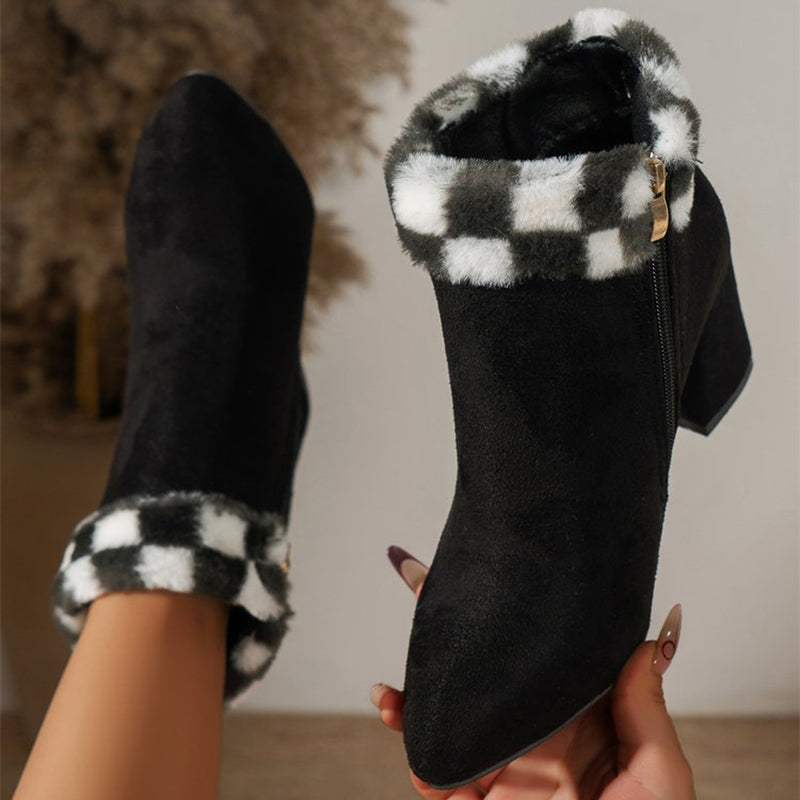 Women's Plaid Print Plush Ankle Boots