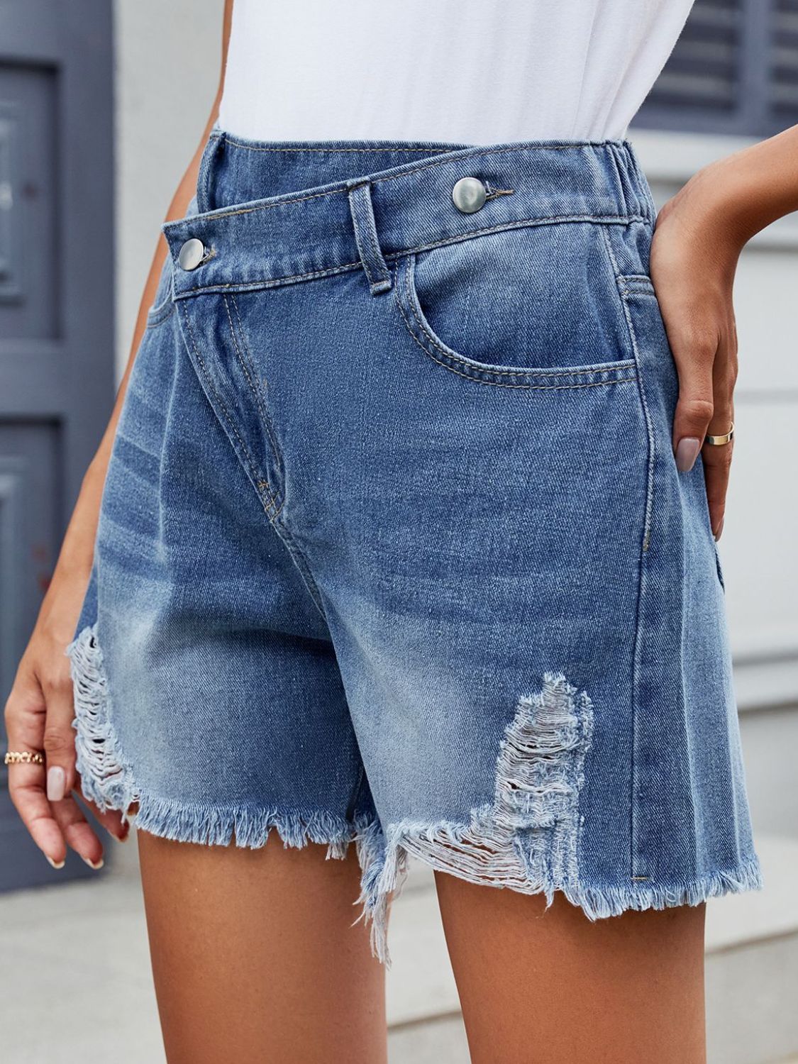 Distressed Raw Hem Asymmetrical Waist Denim Shorts