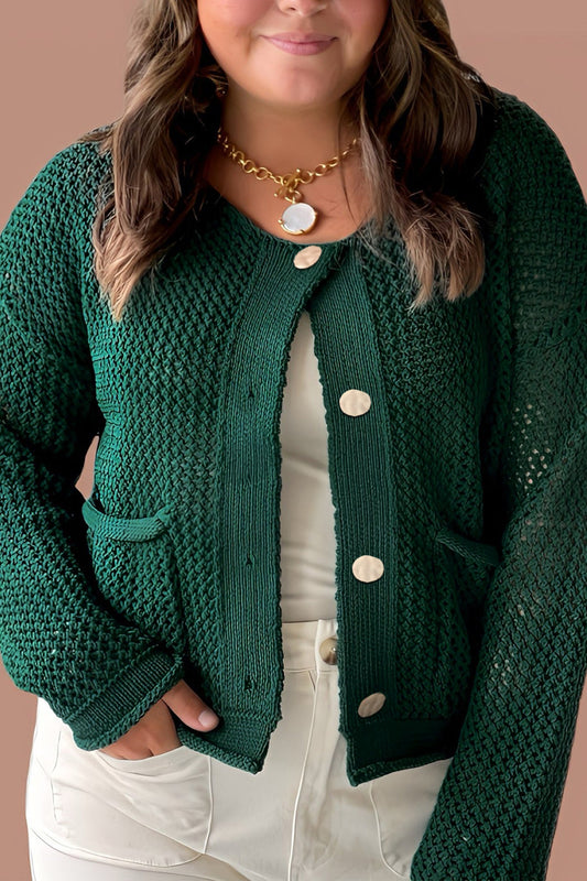 Cárdigan corto de talla grande verde negruzco con botones de adorno dorado
