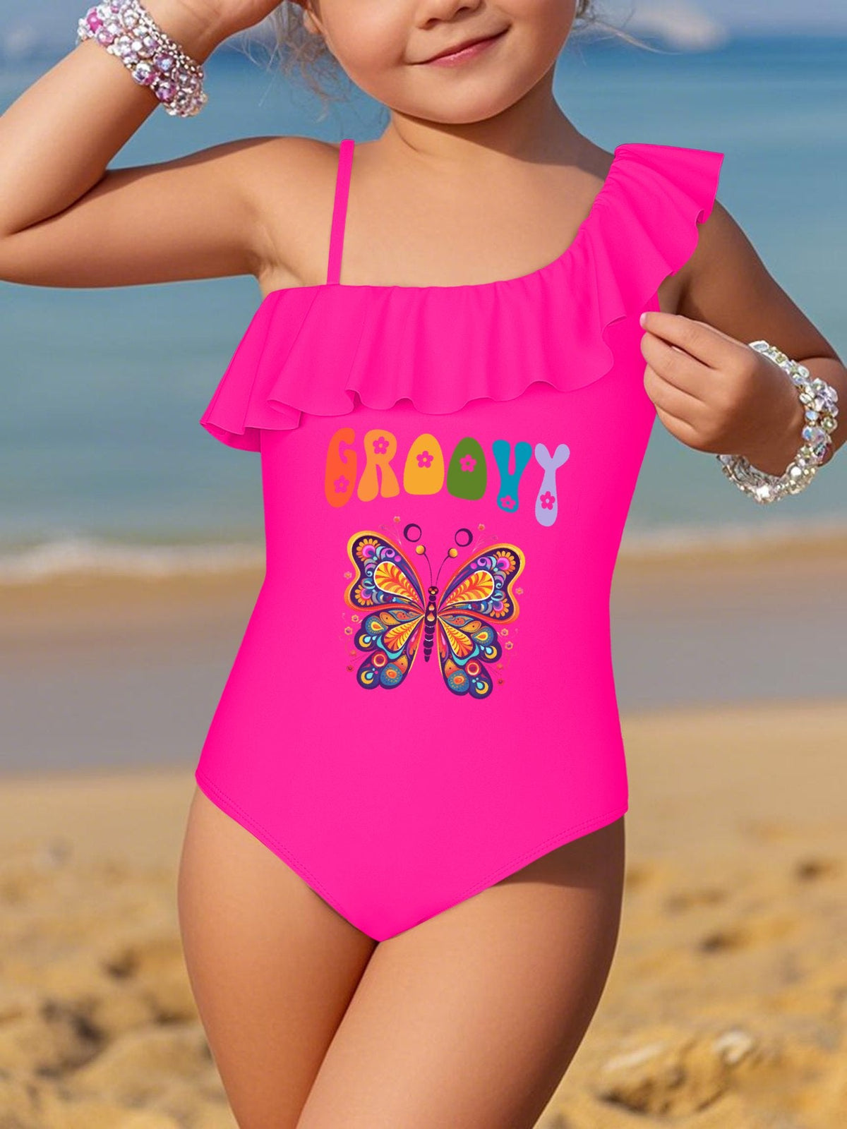 Groovy Butterfly Girls' Ruffled One-Piece Swimsuit (Front Printing)