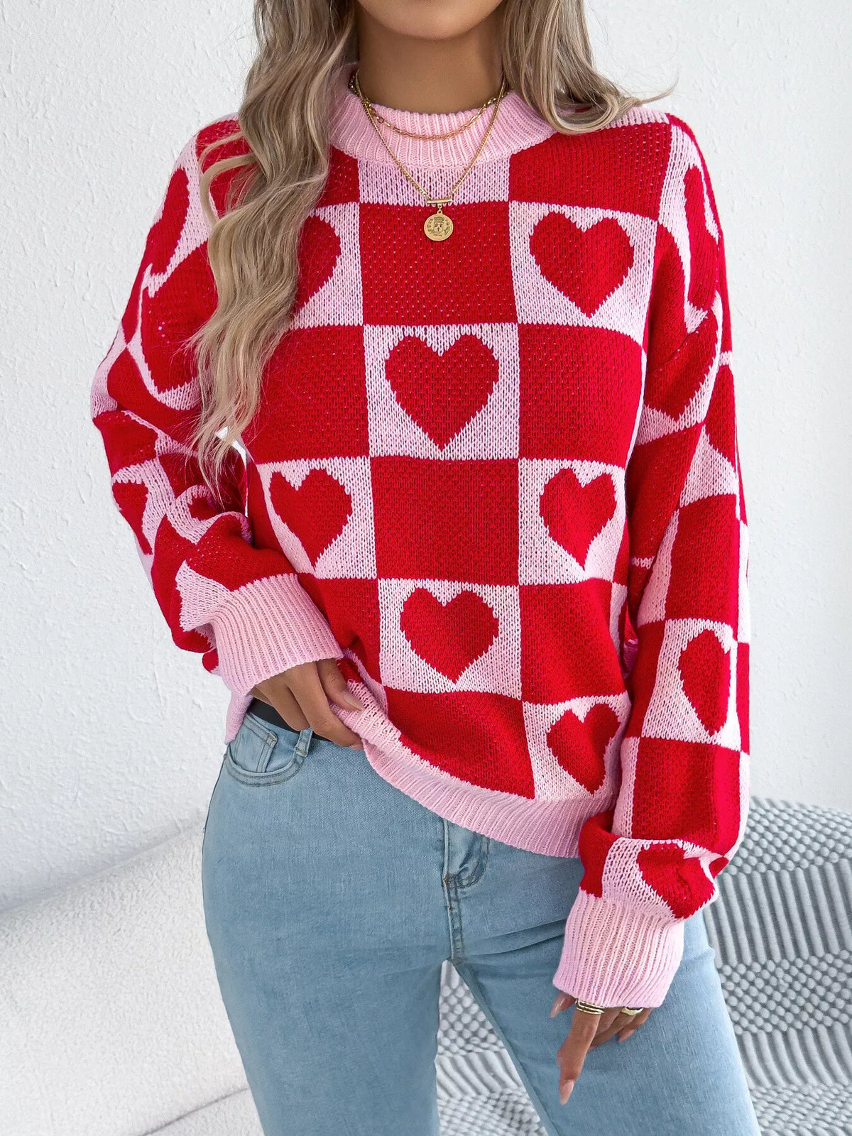 Heart Checkerboard Pattern Round Neck Sweater
