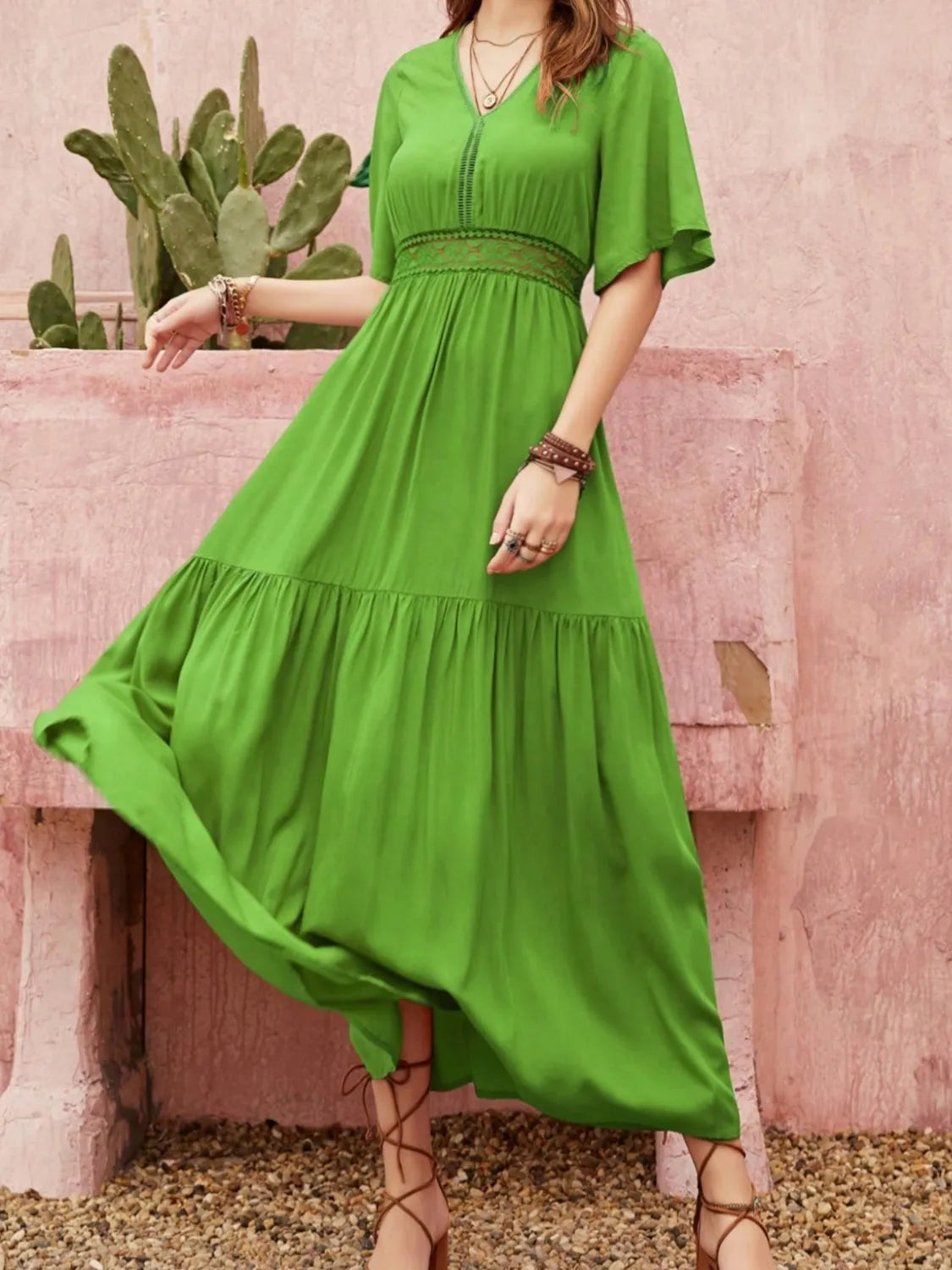 Lace Detail V-Neck Short Sleeve Dress