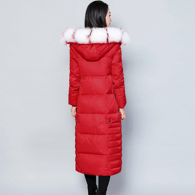 Hooded Padded Jacket with Fur Collar and Color Block