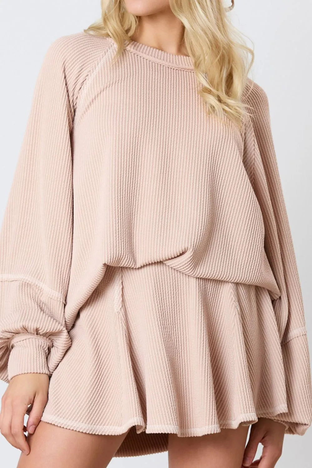 Texture Round Neck Long Sleeve Top and Skirt Set See size chart under “more details”