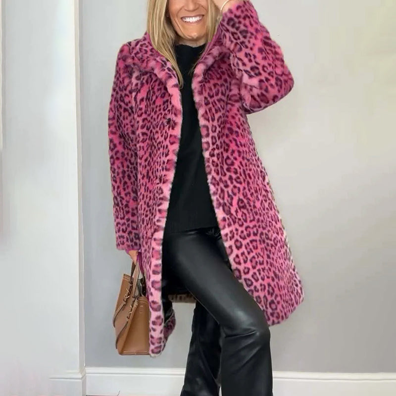 Women's Leopard Print Plush Jacket, Cozy Loose-Fit Warm Coat Elegant Medium-Length Fall Winter Outwear See size chart under “more details”