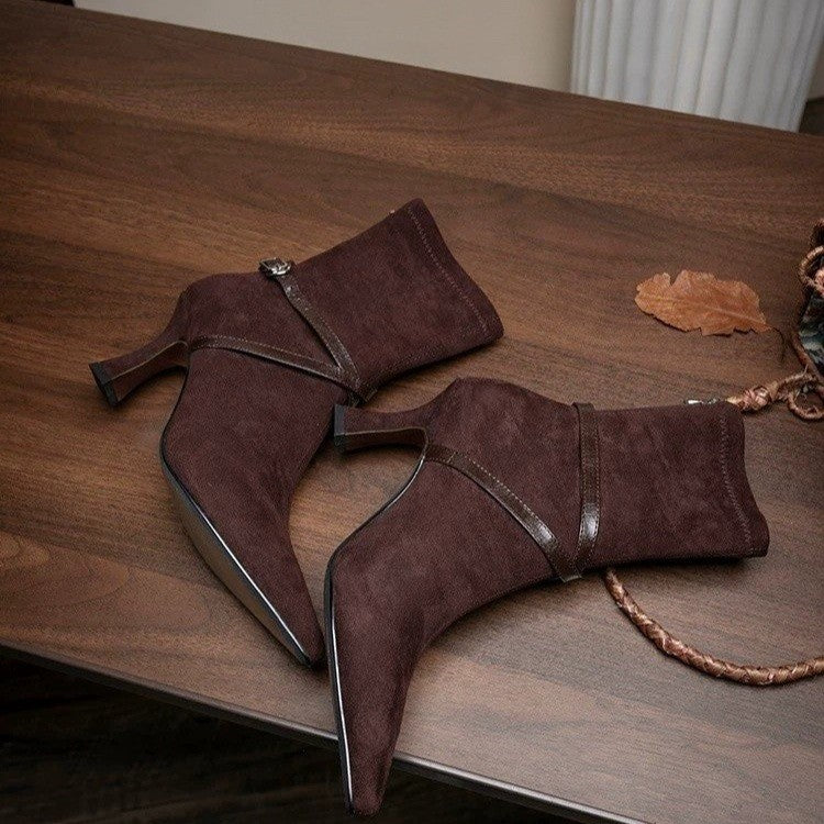 High Heel Back Zipper Slim Fit Boots For Women 2026 New Matte Leather Buckle Pointed Toe Elegant Ankle Boots Vintage Stiletto Ankle Boots