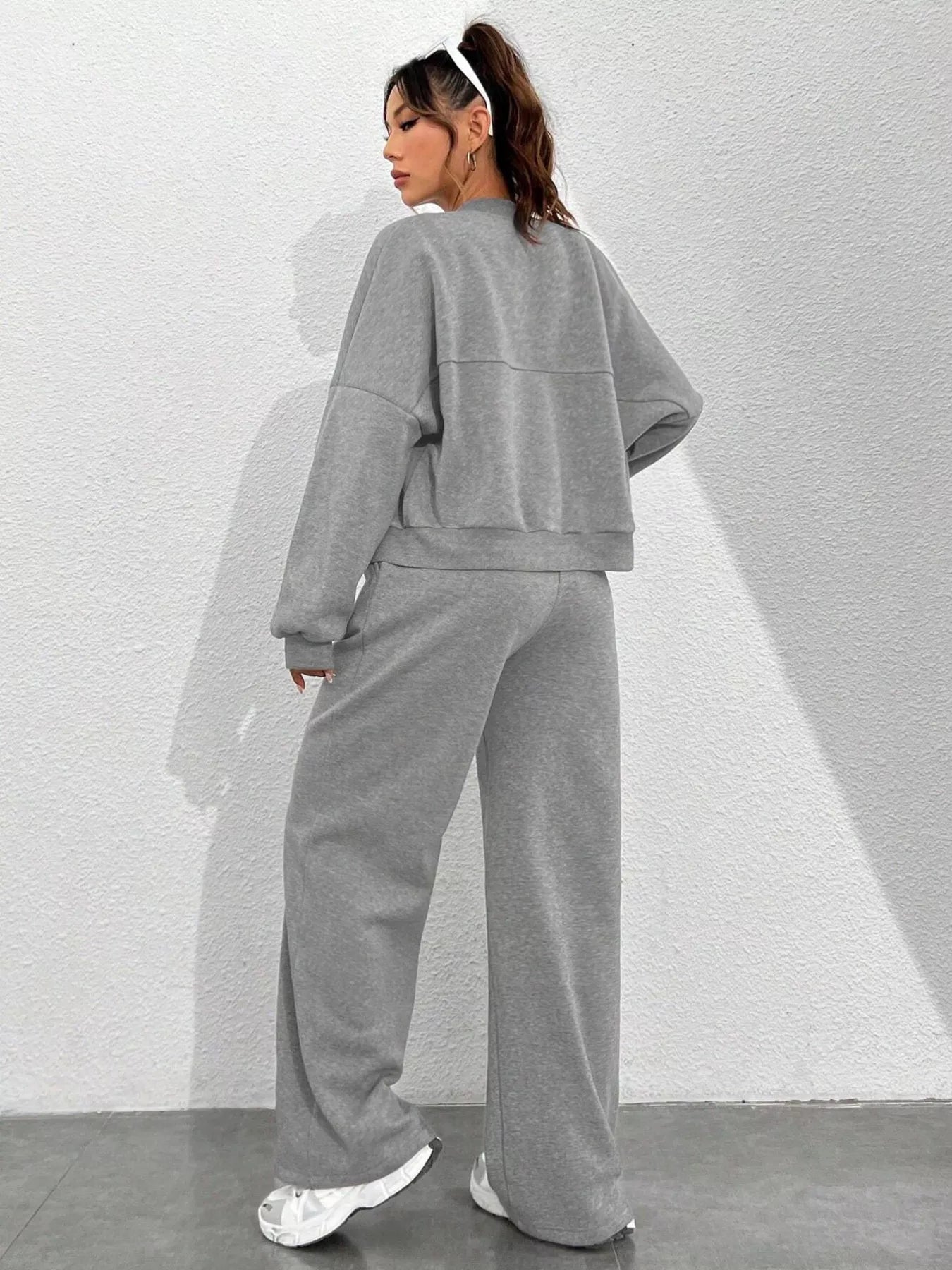 Conjunto de chaqueta con cremallera de color liso informal y pantalones de pernera ancha