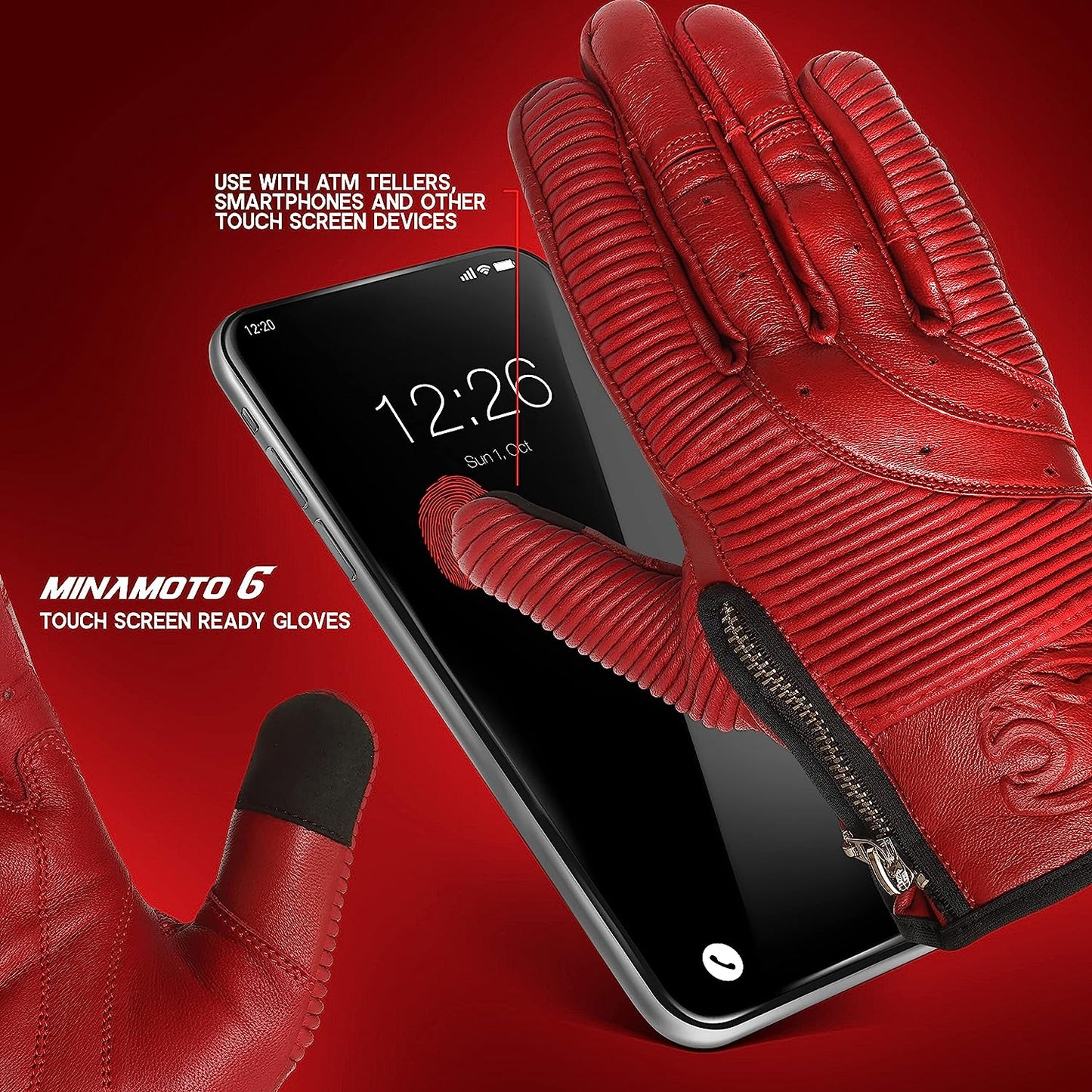 Red Minamoto Motorcycle Riding Gloves with Zip Closure