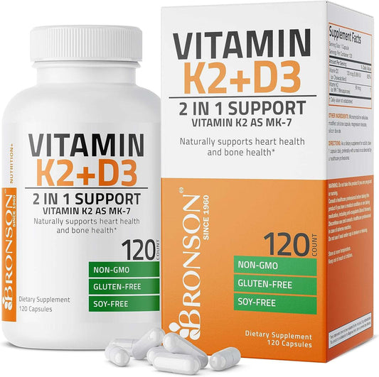 Bronson Vitamina K2 (MK7) con D3 Suplemento Fórmula No OGM 5000 UI Vitamina D3 y 90 mcg Vitamina K2 MK-7 Fácil de Tragar Complejo de Vitaminas D y K, 120 Cápsulas