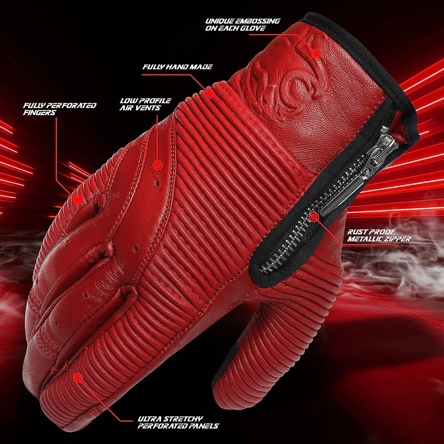 Red Minamoto Motorcycle Riding Gloves with Zip Closure
