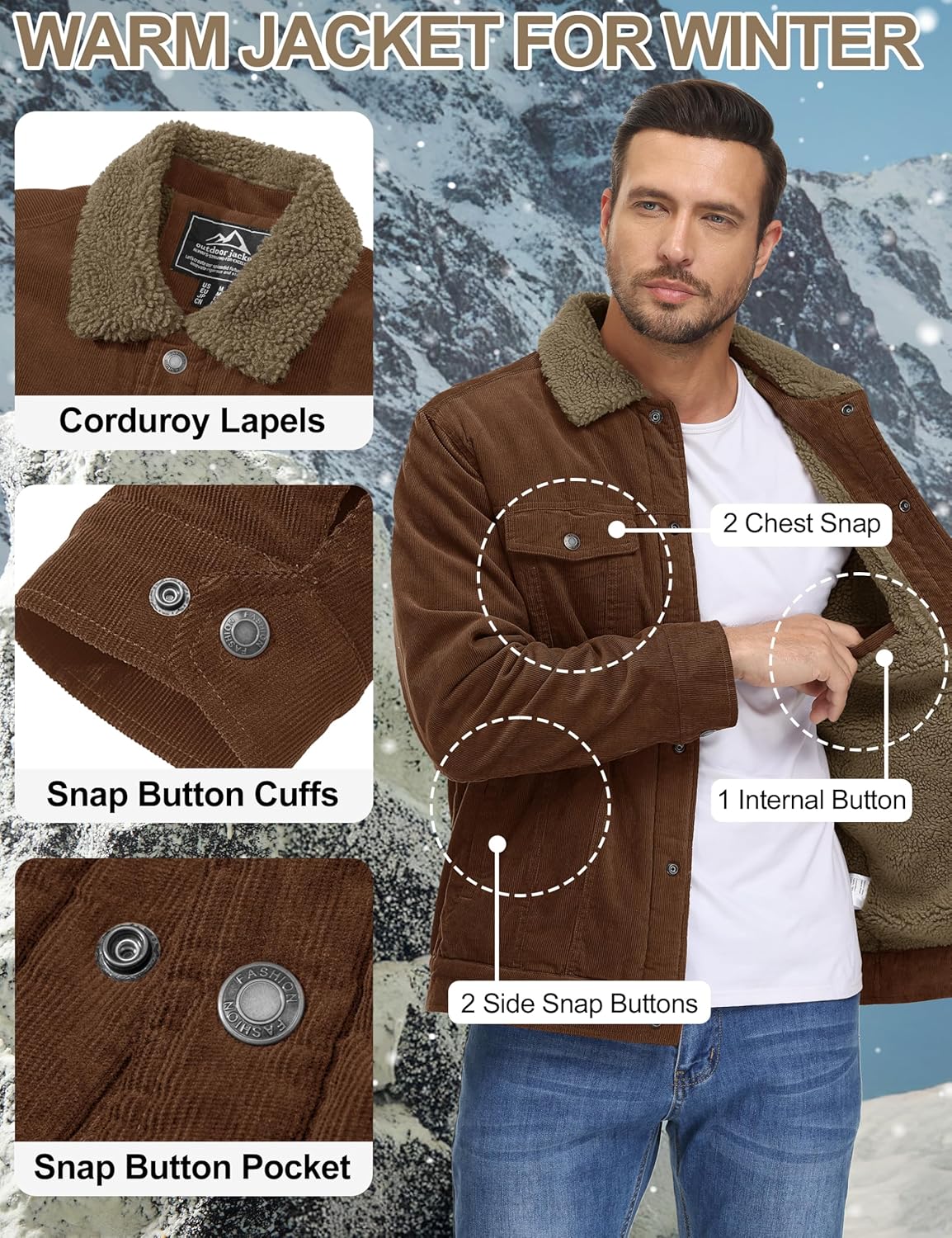 7DAY'S Men's Corduroy Jacket Fleece Sherpa Lined Winter Coats Warm Cotton Casual Trucker Cargo Jacket with Multi Pockets