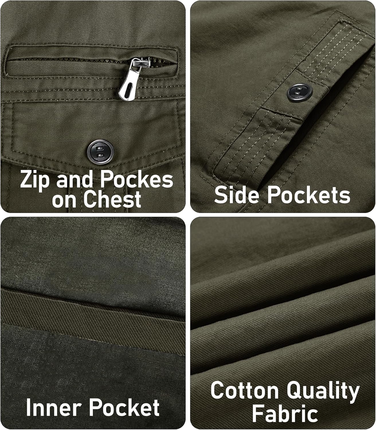 7DAY'S Men's Cotton Lightweight Multi Pockets Zip Front Stand Collar Military Jackets Windbreaker