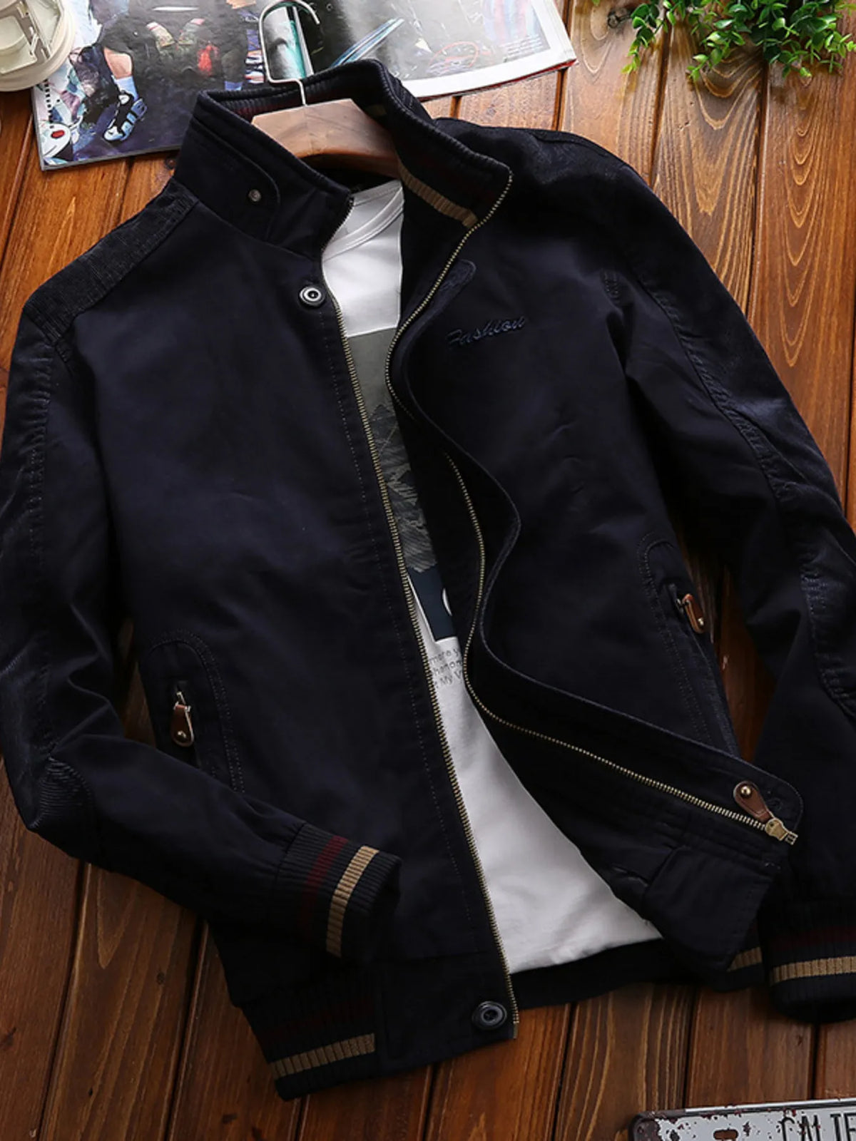 Men's Full Size Bomber Jacket with Ribbed Cuffs and Collar Plus Size