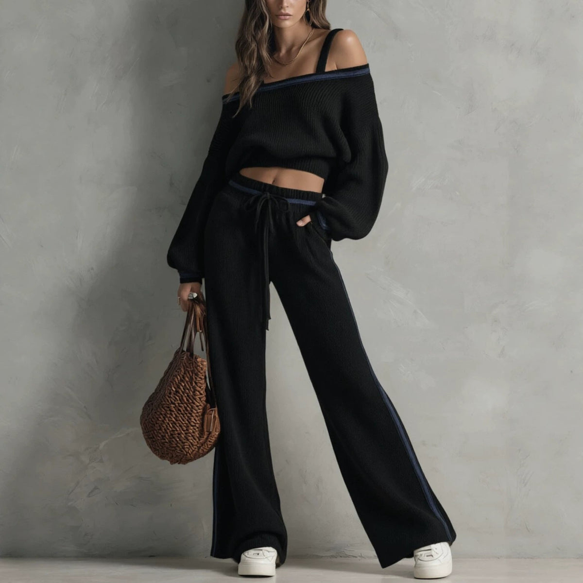 Arrival Eye-color Off-shoulder Sweater And Wide-leg Pants Two-piece Set