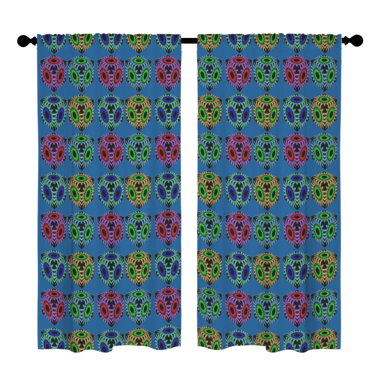 Colorful Cubes Blue Window Curtains - 5 Sizes Available