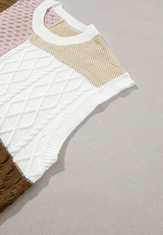 Chaleco de punto trenzado con bloques de color y cuello redondo
